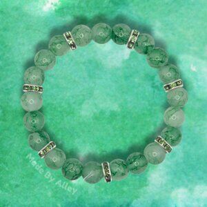 Handmade Green 8mm Round Glass Beaded Bracelet with Green Rhinestone Spacers